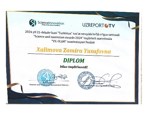 Finalist in the “Scientist of the Year” nomination at the SCIENCE AND INNOVATION AWARDS awards ceremony held on December 21, 2024 at Turkestan Palace of Arts
